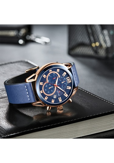 Mızums Erkek İş Saati Moda Alaşımlı Kasa Deri Bantlı Saat Zarif 3 Atm Su Geçirmez Kuvars Bilek Saati Gül Altın Kasa Mavi Yüzeyli Diğer