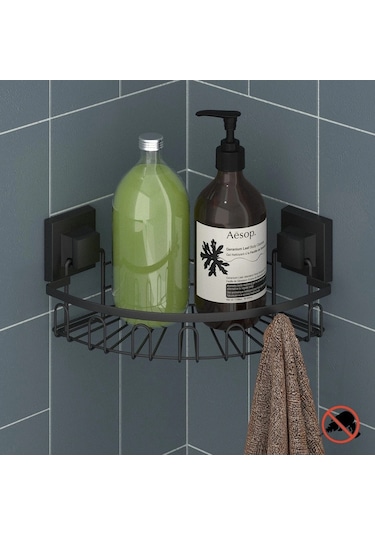 Banyo Köşe Rafı Paslanmaz Easyfix Yapışkanlı Siyah Siyah
