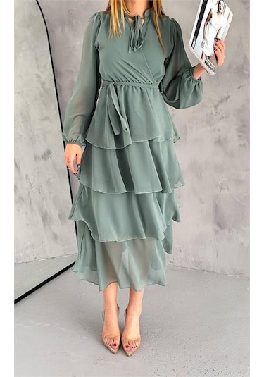 Neşeli Butik Kadın Astarlı Eteği Kat Kat Şifon Elbise Nbkklf2041 Mint
