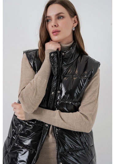 Kadın Parlak Şişme Yelek 5218 - Siyah Siyah