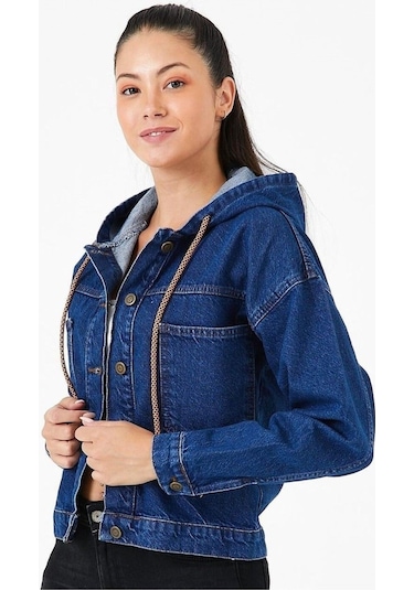 7004-kps Kadın Kapüşonlu Düğmeli Jeans Denim Kot Ceket Mavi