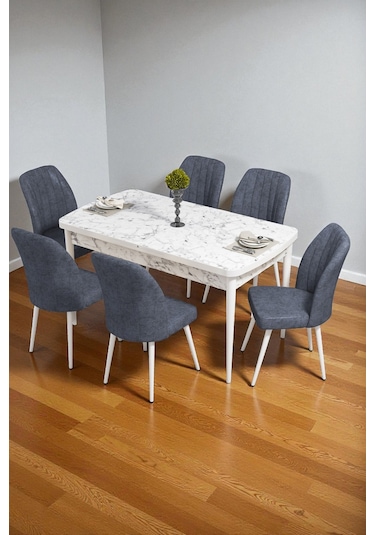 Bara Siyah Mermer 80x132 Açılabilir Sunta Masa Yemek Odası Takımı, Mutfak Takımı 6 Adet Sandalye Antrasit