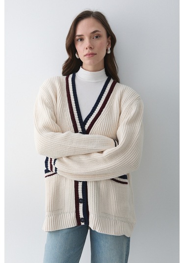 Krem - Bordo Renkli Cepli Hırka - 241143 Krem