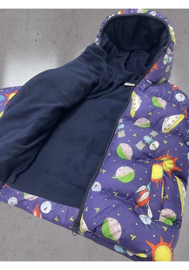 Erkek Çocuk Içi Polarlı Kapüşonlu Ufo Desenli Kışlık Şişme Mont Çok Renkli