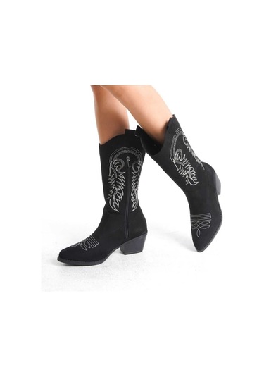 Kovboy Kanvas Western Tarz Sivri Bot Siyah-beyaz