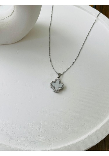 Silver Taşlı Yonca Model Çelik Model Gümüş