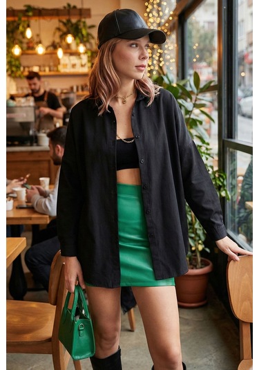 Armonika Kadın Siyah Oversize Uzun Basic Gömlek Arm-22y001118