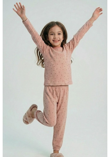 Breeze Kız Çocuk Pijama Takımı Minimal Mini Desenli 4-8 Yaş, Gülkurusu Gülkurusu