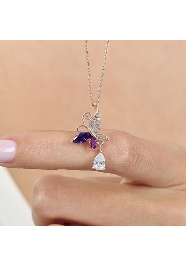 Mia vento Ametist Taşlı Kelebek Parıltısı Rose Renk Gümüş Kolye