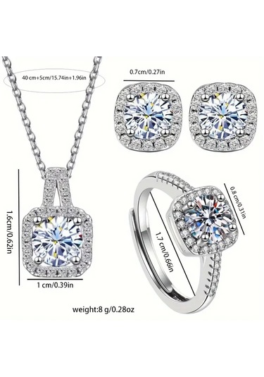 Baget Taşlı, Zirkon Taş İşlemeli Kalp Takı Seti Kolye Küpe, Yüzük , Yeni Yıl Gümüş