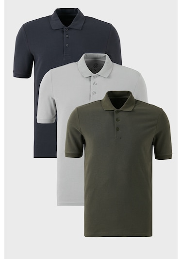 Buratti Pamuklu Regular Fit Düğmeli Polo Yaka 3'Lü Paket Erkek T Shirt 5902127S3 Antrasit-Haki-Kül
