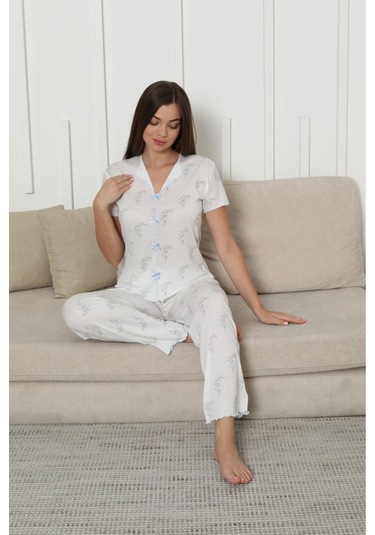 Kadın Örgü Kumaş Blue Flower Pattern Kısa Kol Pijama Takımı Mavi