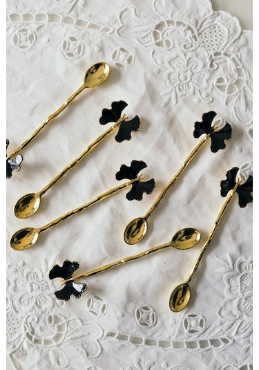 6'lı Şıklık İkonu Altın & Siyah Kelebek Desenli Dekoratif Çay Kaş