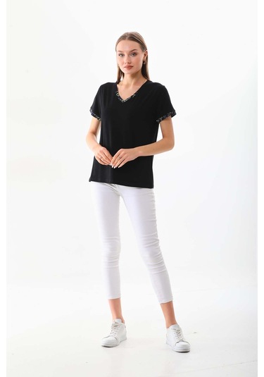 Sistas Kadın V Yaka Kısa Kol Bluz 23152 Siyah
