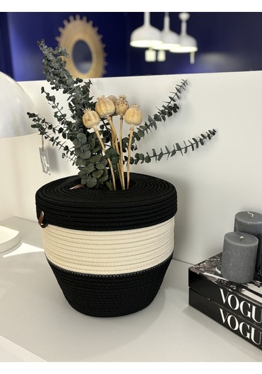 Patrick Jüt Hasır Görünümlü Çöp Kovası, Dekoratif Sepet, Kağıt Çöpü Sepeti Siyahkrem