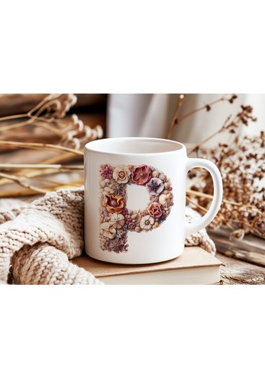 P Harfi Çiçek Desenli Kupa Bardak - Alfabe Harfleri İle Doğal Çiçekli Kupa - Hediye Fikir Beyaz