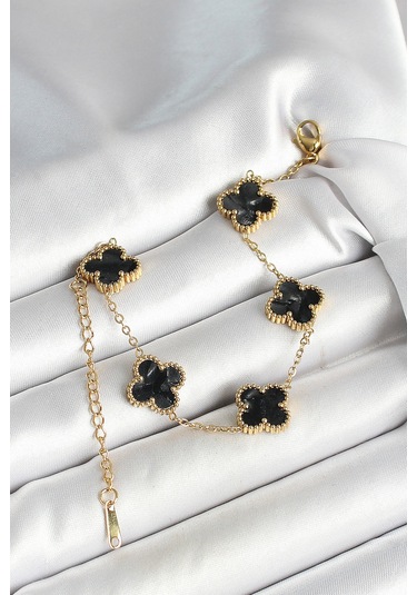 Zarif Kadın İçin Golden Çelik Sedefli Siyah Yonca Bileklik