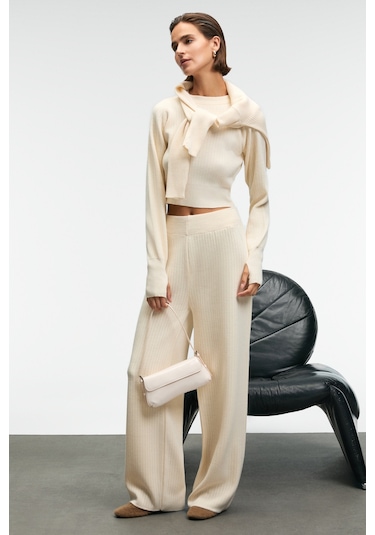 Grımelange Marıposa Kadın Yuvarlak Yaka Çizgi Desenli Crop Geniş Paça Triko Ekru Alt-üst Takım ekru