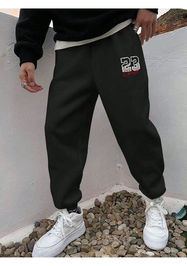 23 Chicago Eşofman Altı Jogger - Siyah Baskılı Lastik Paça Yüksel Bel Siyah