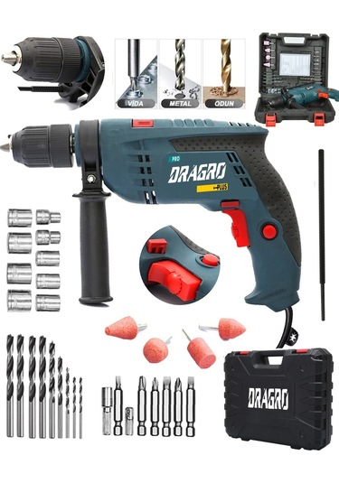 Dragro DRG-mtkp13 Technology Mavi Darbeli 13 MM Vidalama Delme Devir Ayarlı Kablolu Matkap 30 Parça Set Drg 13 MM