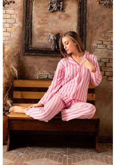 Çizgili Düğmeli Gömlek Yaka Peluş Polar Pijama Takımı Pembe