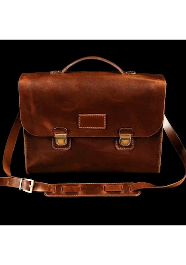 Twingold İsme Özel Evrak Çantası - Messenger Bag - %100 Deri - Ac09001 - Koyu Kahverengi Koyu Kahverengi