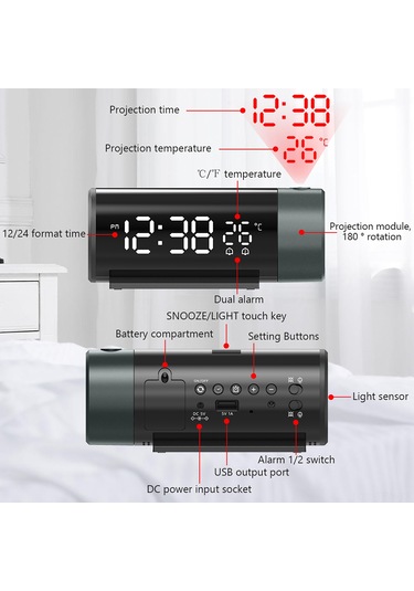 Tenfowee Fj1006a Siyah Led Projeksiyon Alarm Saati: Usb Şarj, 4 Seviye Parlaklık, Snooze, Sıcaklık Göstergesi Ve 180 Döner Projeksiyon