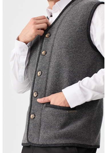 Desen Triko Erkek V Yaka Keçe Aksesuarlı Pike Dokuma Yün Yelek 02422569 Füme