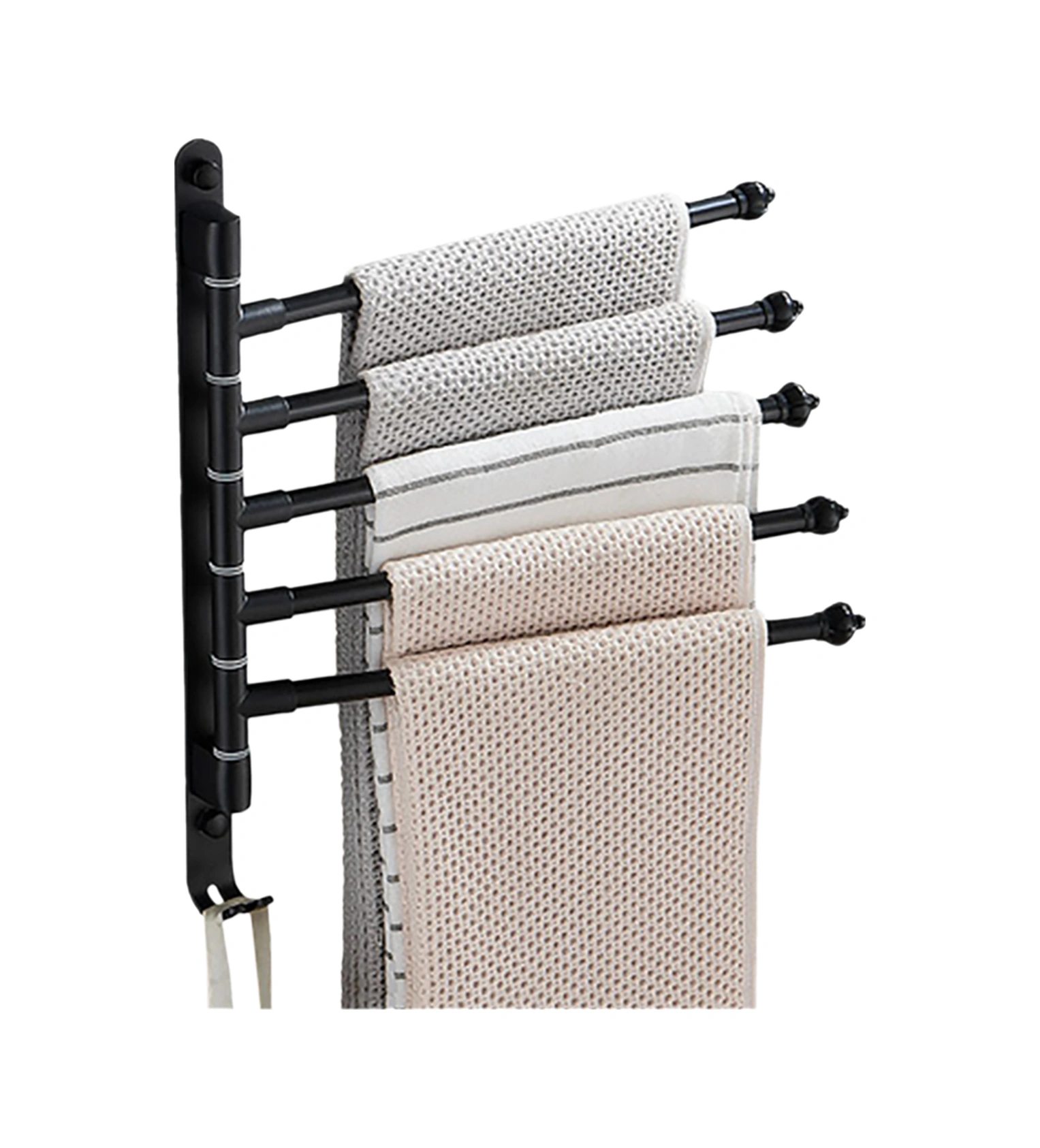 Geeroyoo Siyah Alüminyum 5 Çubuklu 180 Dönebilen, Delme/delmesiz Montajlı, Kancalı Pratik Havlu Rafı 30cm Siyah