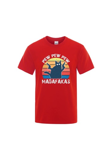 Teekossc Pew Pew Madafakas Erkek Kısa Kollu Komik Kedi T-shirt Vintage Yazlık Ekip Üstü Streetwear Chınamercan Kırmızı Mercan Kırmızı