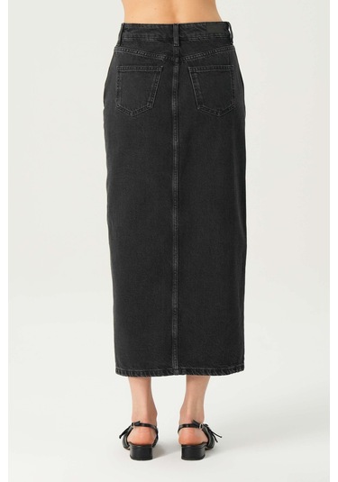 Antrasit Normal Bel Patı Fermuarlı Yırtmaçlı Maxi Jean Etek C 4532-049