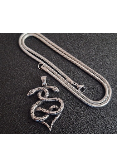 Çift Başlı Tasarım Erkek Paslanmaz Çelik Yılan Kolye Gümüş