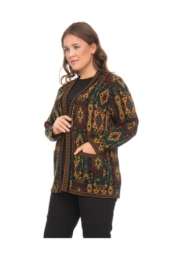 Uludağ Triko Kadın Etnik Desenli Cepli Kilim Hırka Çok Renkli