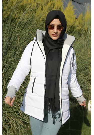 Barbora Kışlık Kapüşonlu Uzun Kadın Şişme Tesettür Mont 805beyaztesettür