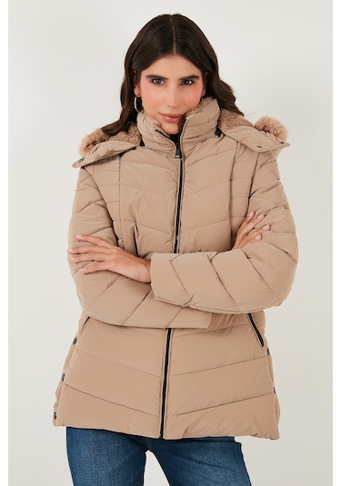 Lela Kapitoneli Slim Fit Çıkarılabilir Kapüşonlu Bayan Mont 497Mara Bej