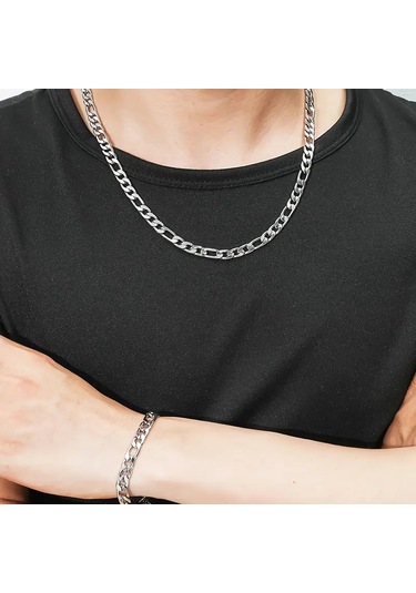 Gns Aksesuar Silver Renk Unisex Figaro Model Zincir Kolye Ve Bileklik Set 2,5