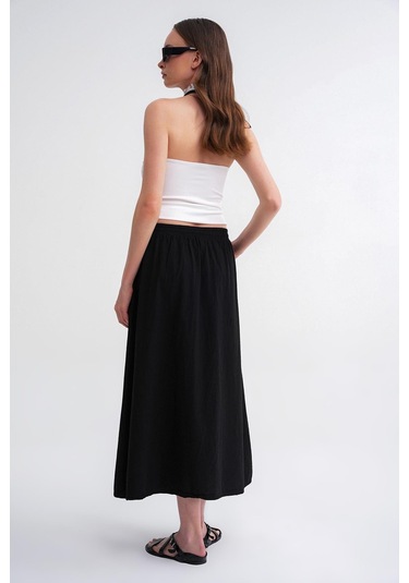 4633 Kadın Yandan Cepli Parçalı Etek Siyah Siyah