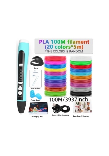 Honeybeeshop Profesyonel 3d Yazıcı Kalem Seti Mavi 5 Metre 20 Renk Led Ekranlı Çok Modlu Dıy Çizim Aracı