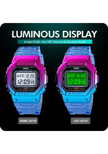 Skmeı Kadın Dijital Spor Saati Kontrast Renkli İki Zaman Modu Tarih Hafta Alarm Saati Arka Işık 5atm Su Geçirmez Kadın Moda Saatleri Günlük Hayat, Öğrenciler, Gençler İçin Bileklik Hediyeleri Çok Renkli