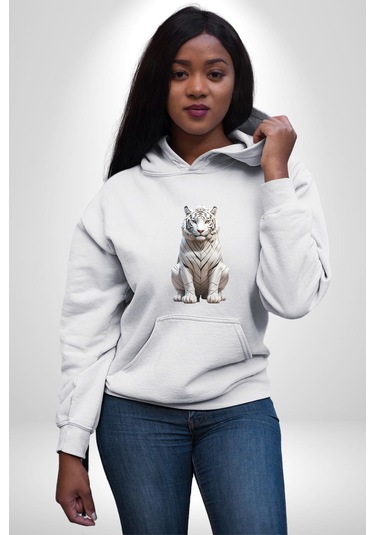 Beyaz Kaplan Kadın Erkek Beyaz Kapüşonlu Sweatshirt Hoodie Beyaz