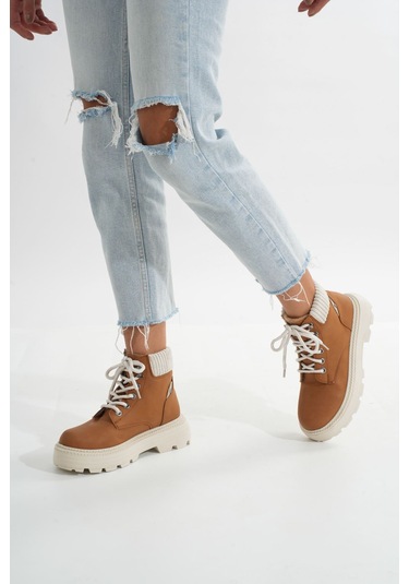 Lmç-2045 Taba Süet Bağcıklı Kalın Taban Kadın Günlük Bot Acı Kahverengi