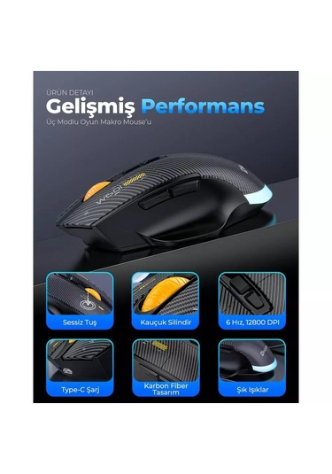 Mkespn Sxs-w601 7 Tuşlu Gaming Mouse Karbon Fiber 3 Modlu Kablolu - Bluetooth - Usb Alıcılı 12800 Dpı Makro Tanımlı Oyun Faresi -