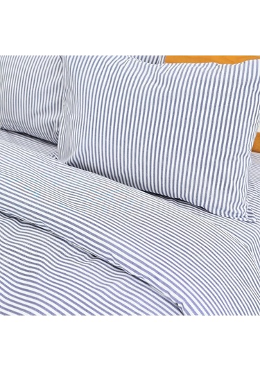 Çift Kişilik %100 Pamuk İnce Çizgili Nevresim Takımı | Lacivert & Beyaz | 4 Parça | Yumuşak Dokulu Lacivert - Beyaz