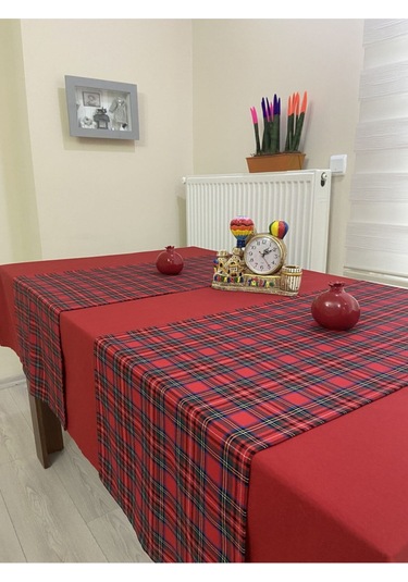 Kırmızı Renk Masa Örtüsü Yılbaşı Ekose Runner Seti