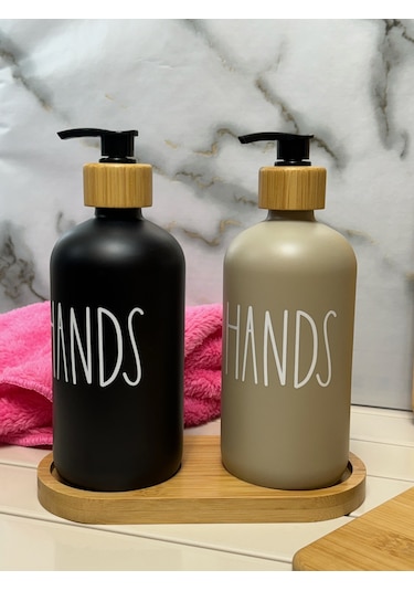 Kapris Bambulu Yuvarlak Cam Sabunluk Seti 2'li Siyah-Taupe