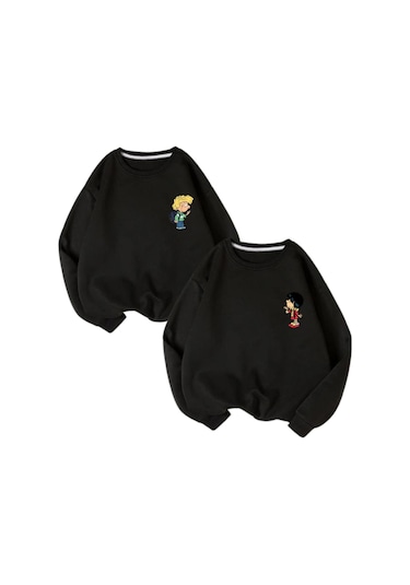 Modagen Sevgili Çift Kombini Cedric Ve Chan Sembol Tasarım 2'li Ürün Siyah Bisiklet Yaka Sweatshirt Bbbsyh