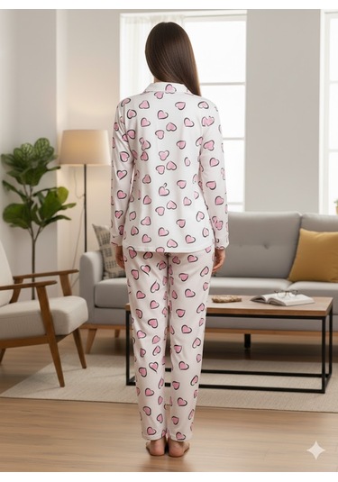 Kadın Düğme Detaylı Pijama Takım Beyaz