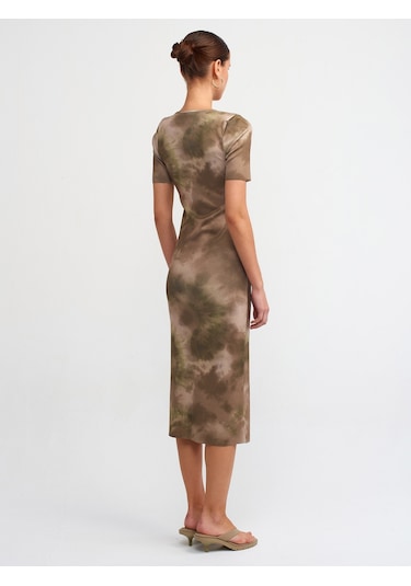 Dilvin Bisiklet Yaka Kısa Kol Baskılı Triko Elbise Haki
