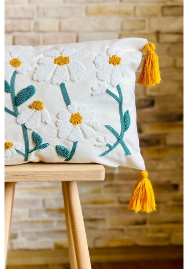Swita Home Punch İşlemeli Tekli Dekoratif Papatya Desen Kırlent Kılıfı Panç Beyaz