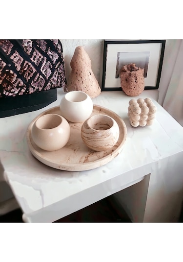 Mermer Bej Serisi Beton Tepsili Saksı Seti Gri